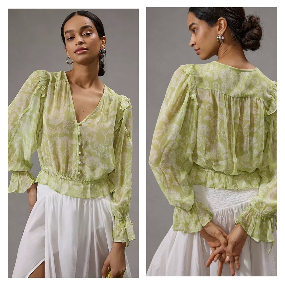 Anthropologie Green Ruffled 3/4 Sleeve Blouse